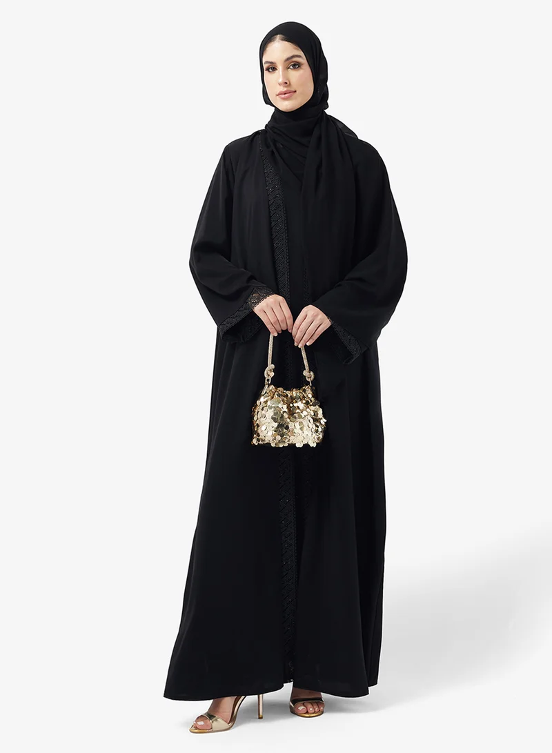 Floral Lace Detailed Open Front Abaya